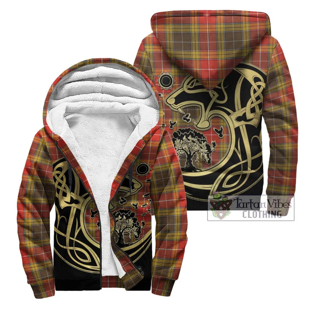 Buchanan Old Set Weathered Tartan Sherpa Hoodie with Family Crest Celtic Wolf Style