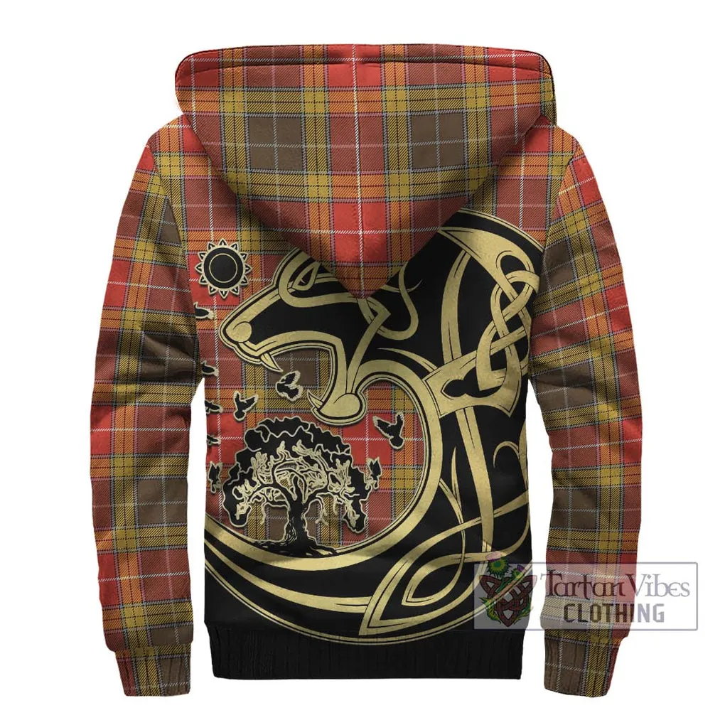 Buchanan Old Set Weathered Tartan Sherpa Hoodie with Family Crest Celtic Wolf Style