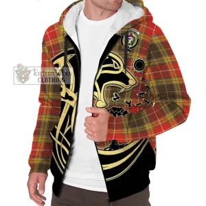 Buchanan Old Set Weathered Tartan Sherpa Hoodie with Family Crest Celtic Wolf Style