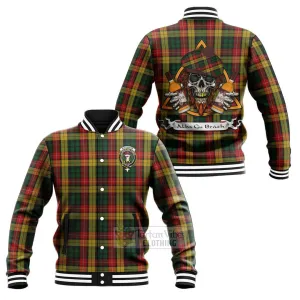 Buchanan Tartan Baseball Jacket with Family Crest and Bearded Skull Holding Bottles of Whiskey