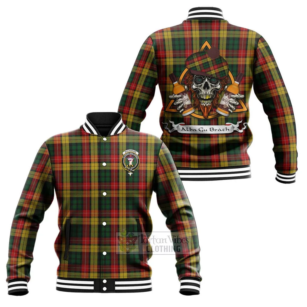 Buchanan Tartan Baseball Jacket with Family Crest and Bearded Skull Holding Bottles of Whiskey