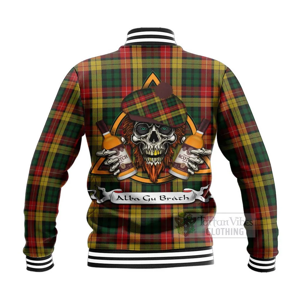 Buchanan Tartan Baseball Jacket with Family Crest and Bearded Skull Holding Bottles of Whiskey