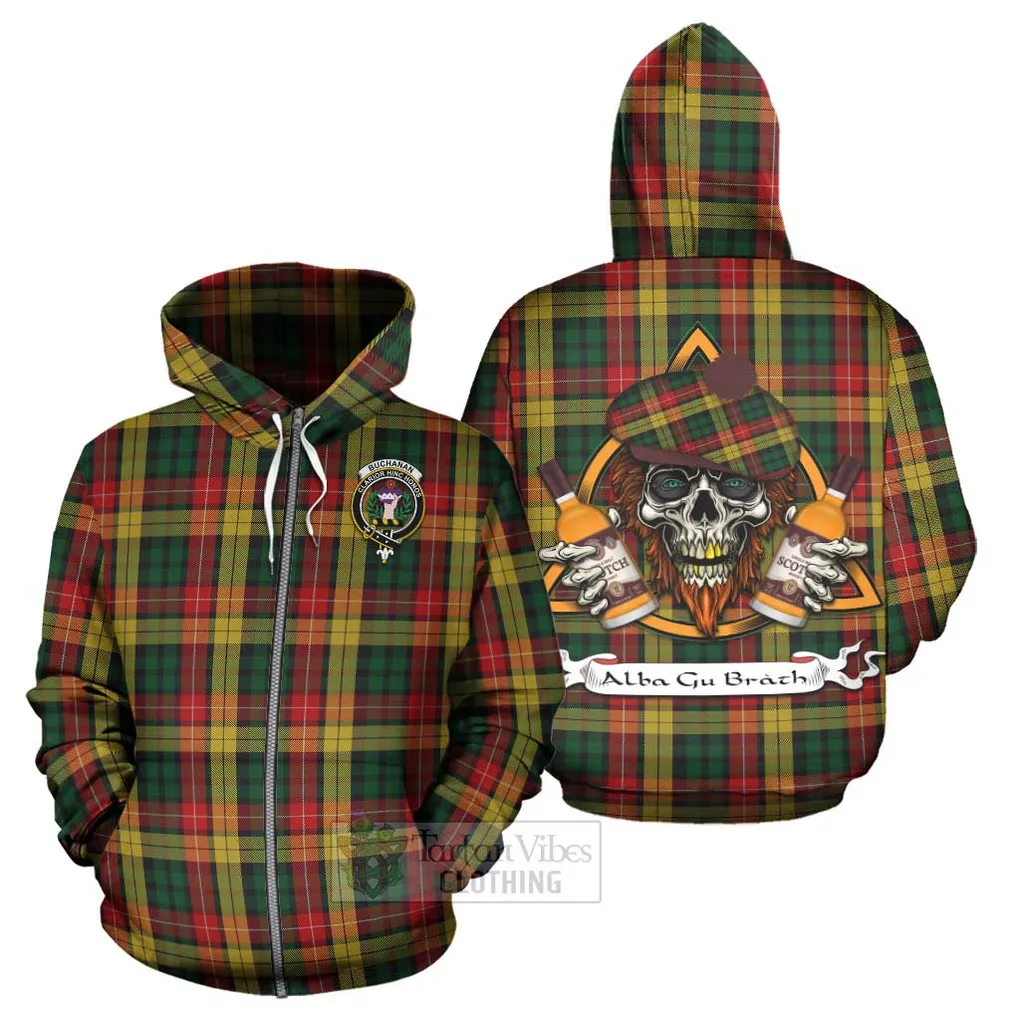 Buchanan Tartan Hoodie with Family Crest and Bearded Skull Holding Bottles of Whiskey