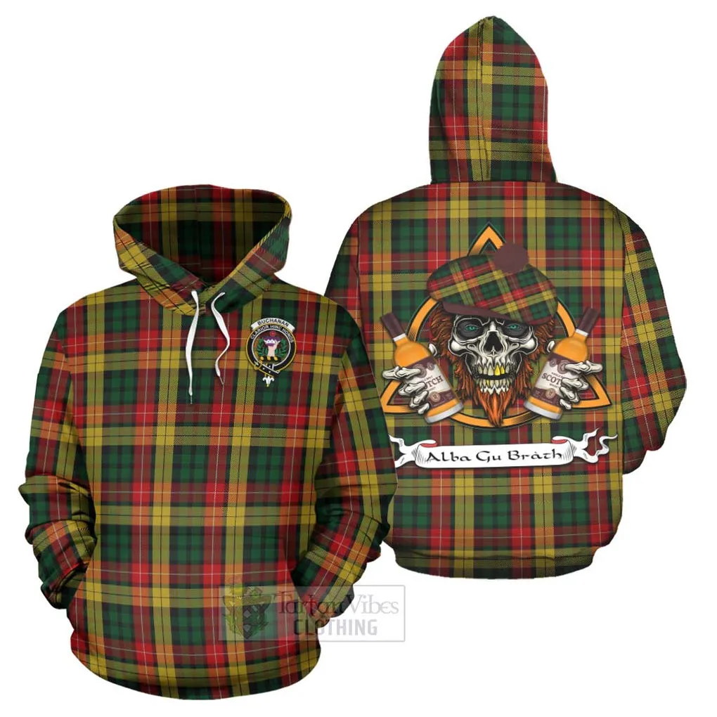 Buchanan Tartan Hoodie with Family Crest and Bearded Skull Holding Bottles of Whiskey