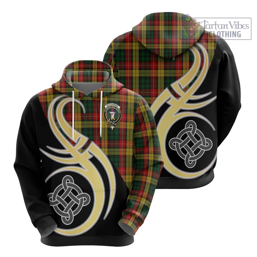 Buchanan Tartan Hoodie with Family Crest and Celtic Symbol Style