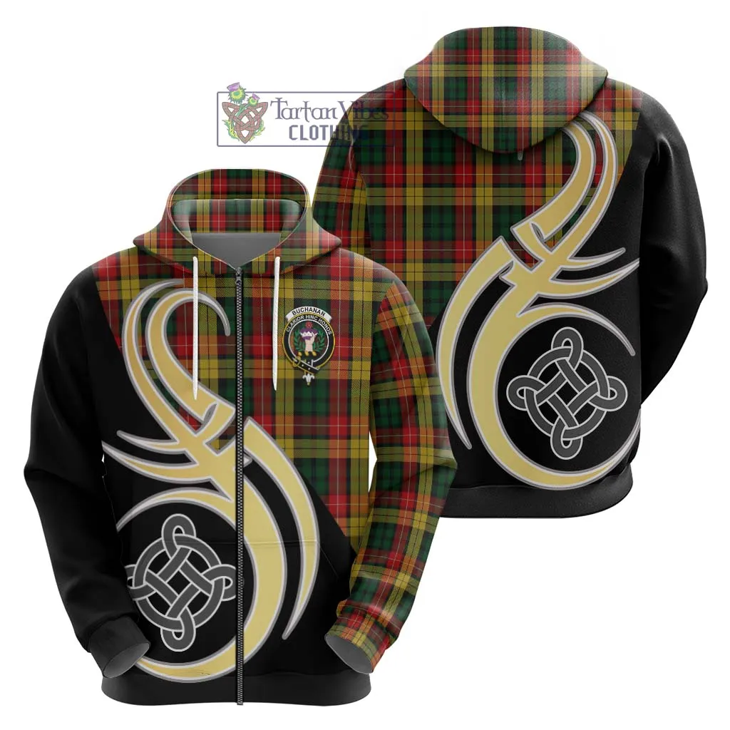 Buchanan Tartan Hoodie with Family Crest and Celtic Symbol Style