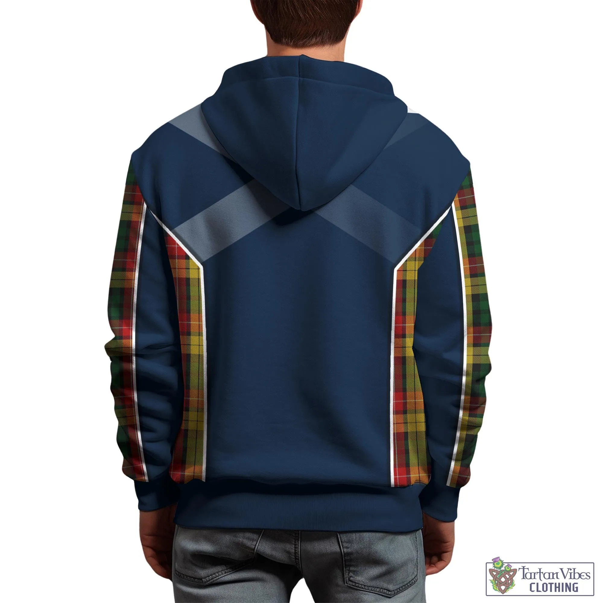 Buchanan Tartan Hoodie with Family Crest and Lion Rampant Vibes Sport Style