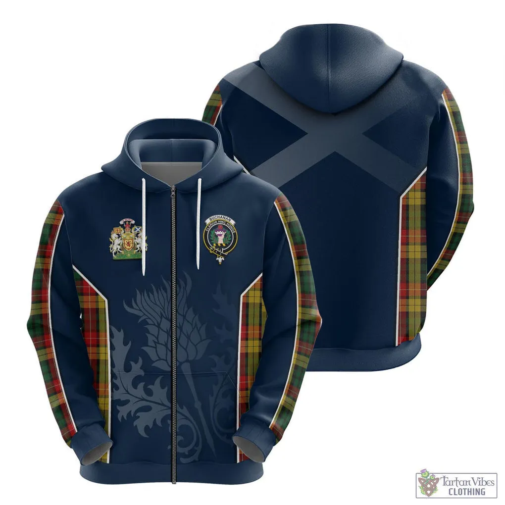 Buchanan Tartan Hoodie with Family Crest and Scottish Thistle Vibes Sport Style