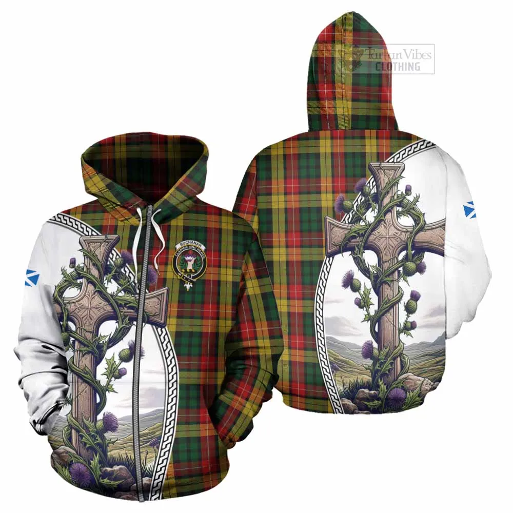 Buchanan Tartan Hoodie with Family Crest and St. Andrew's Cross Accented by Thistle Vines