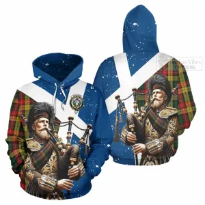 Buchanan Tartan Hoodie with Family Crest Scottish Bagpiper Vibes