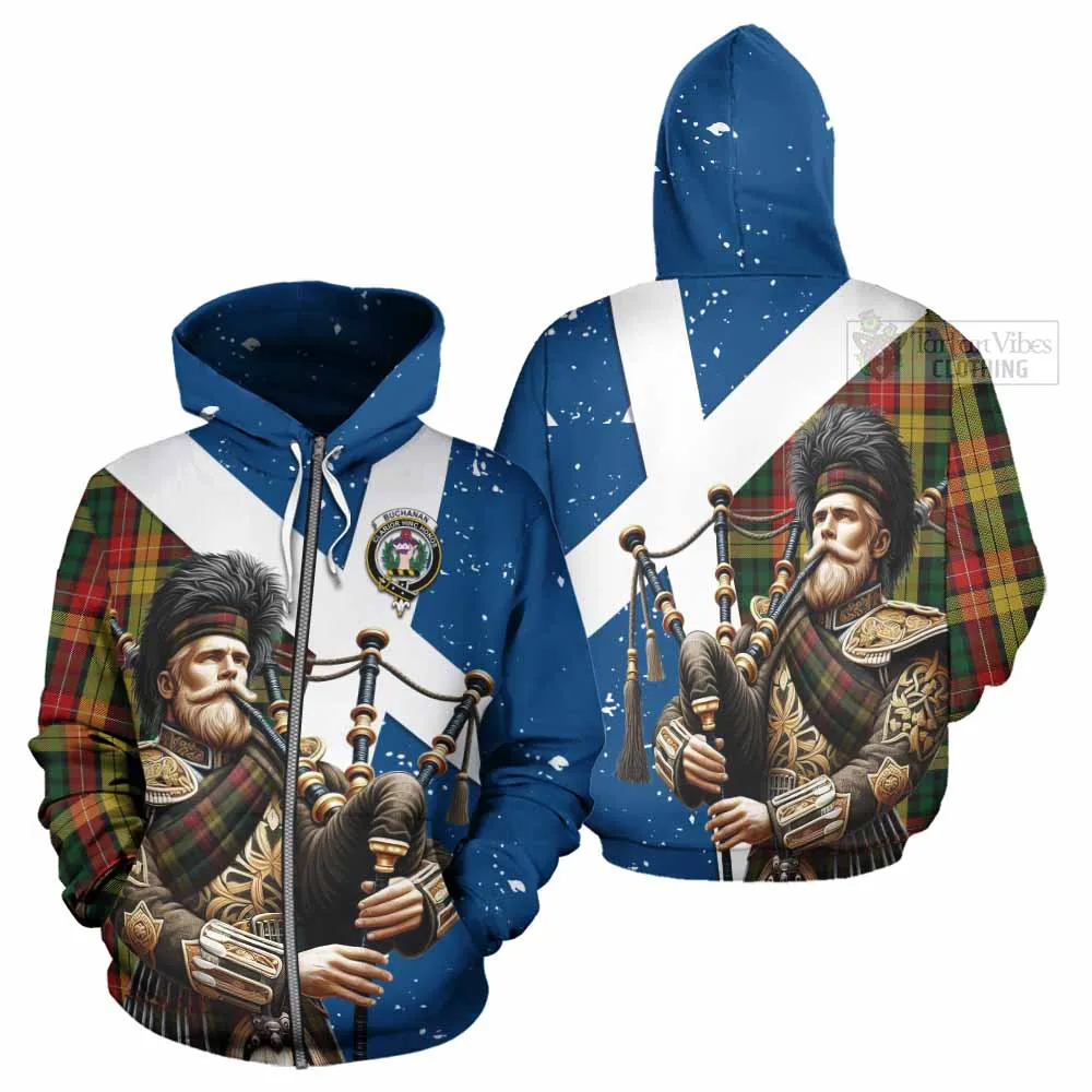 Buchanan Tartan Hoodie with Family Crest Scottish Bagpiper Vibes