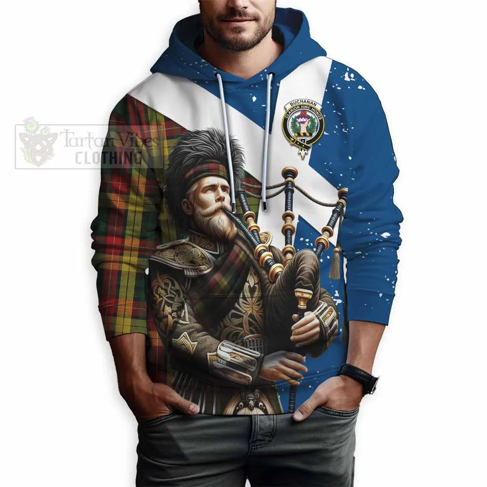 Buchanan Tartan Hoodie with Family Crest Scottish Bagpiper Vibes