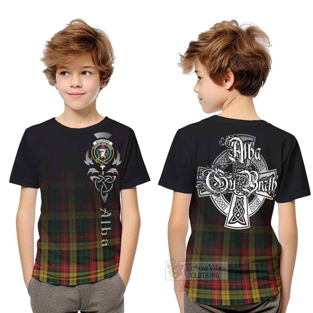 Buchanan Tartan Kid T-Shirt Featuring Alba Gu Brath Family Crest Celtic Inspired