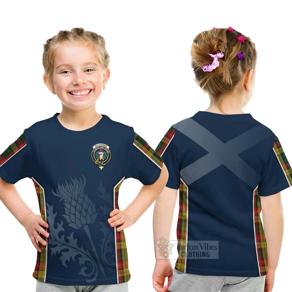 Buchanan Tartan Kid T-Shirt with Family Crest and Scottish Thistle Vibes Sport Style