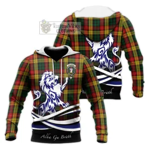 Buchanan Tartan Knitted Hoodie with Alba Gu Brath Regal Lion Emblem