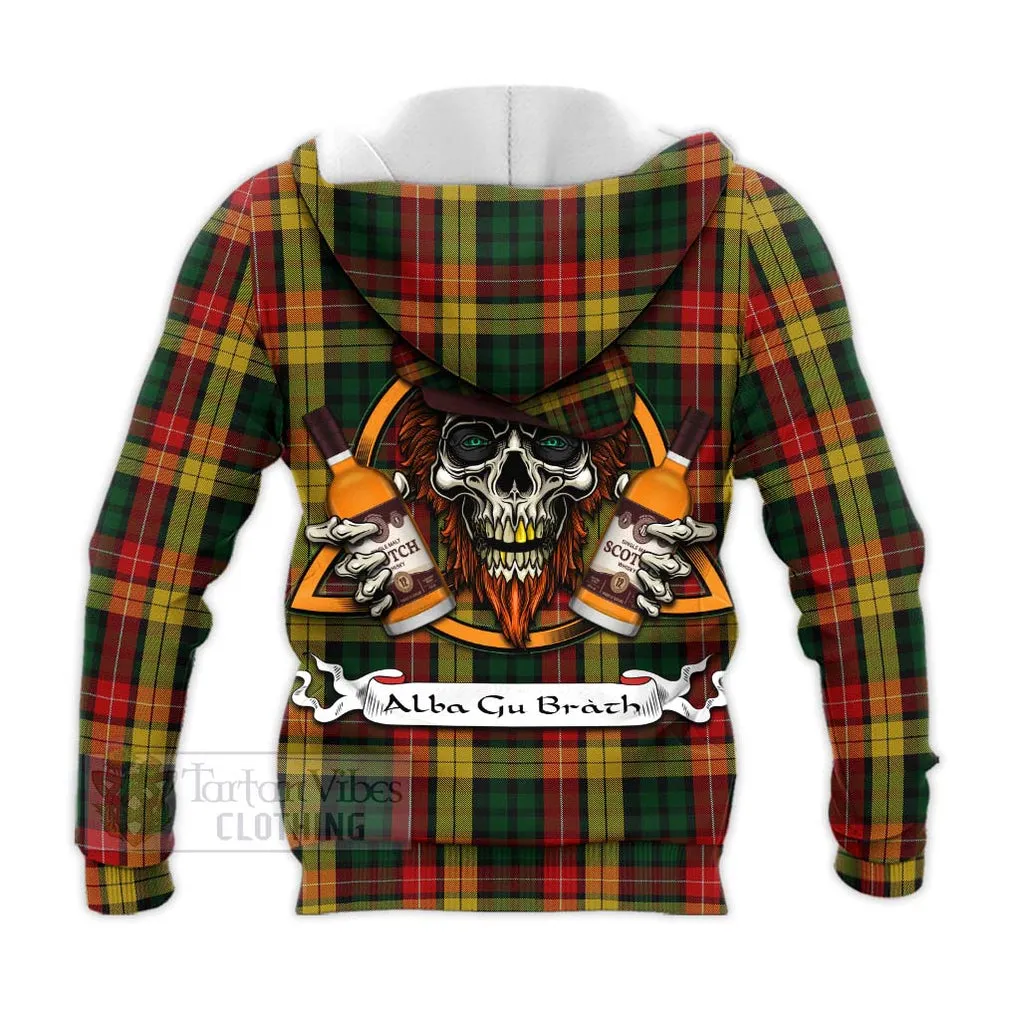 Buchanan Tartan Knitted Hoodie with Family Crest and Bearded Skull Holding Bottles of Whiskey