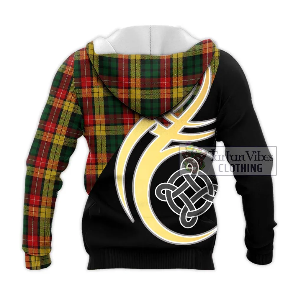 Buchanan Tartan Knitted Hoodie with Family Crest and Celtic Symbol Style