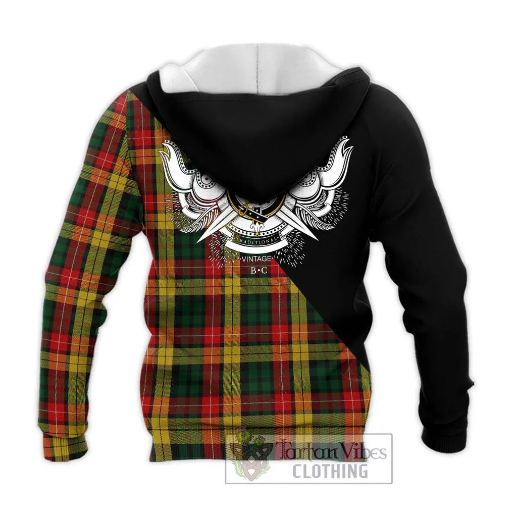 Buchanan Tartan Knitted Hoodie with Family Crest and Military Logo Style