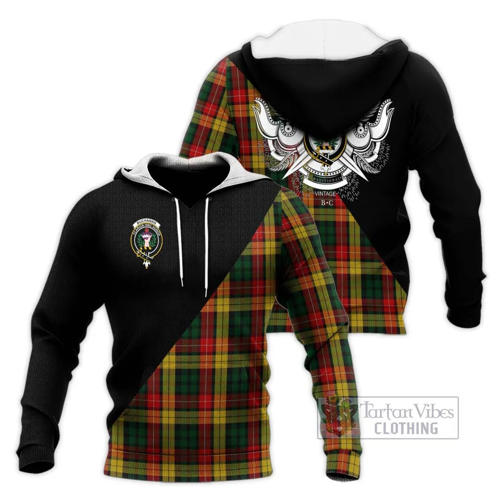 Buchanan Tartan Knitted Hoodie with Family Crest and Military Logo Style