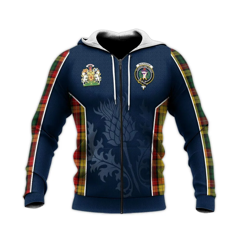 Buchanan Tartan Knitted Hoodie with Family Crest and Scottish Thistle Vibes Sport Style