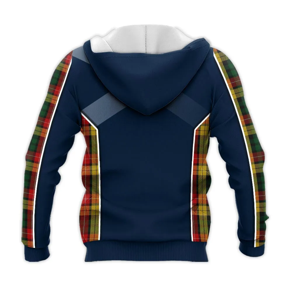 Buchanan Tartan Knitted Hoodie with Family Crest and Scottish Thistle Vibes Sport Style