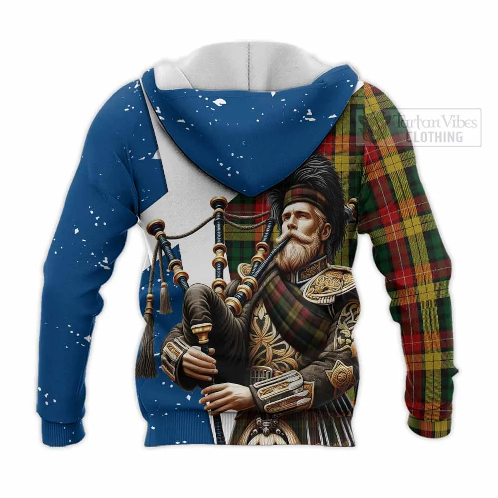 Buchanan Tartan Knitted Hoodie with Family Crest Scottish Bagpiper Vibes