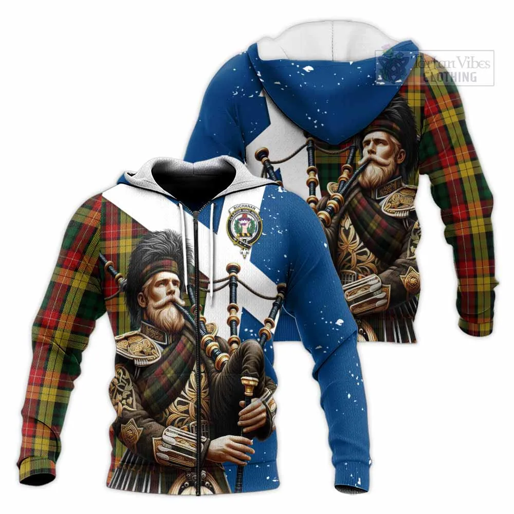 Buchanan Tartan Knitted Hoodie with Family Crest Scottish Bagpiper Vibes