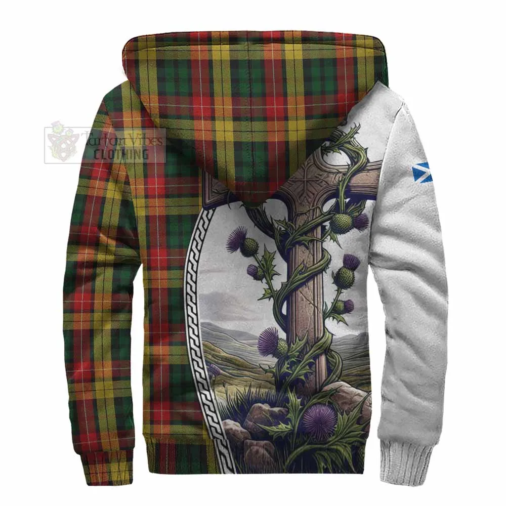 Buchanan Tartan Sherpa Hoodie with Family Crest and St. Andrew's Cross Accented by Thistle Vines