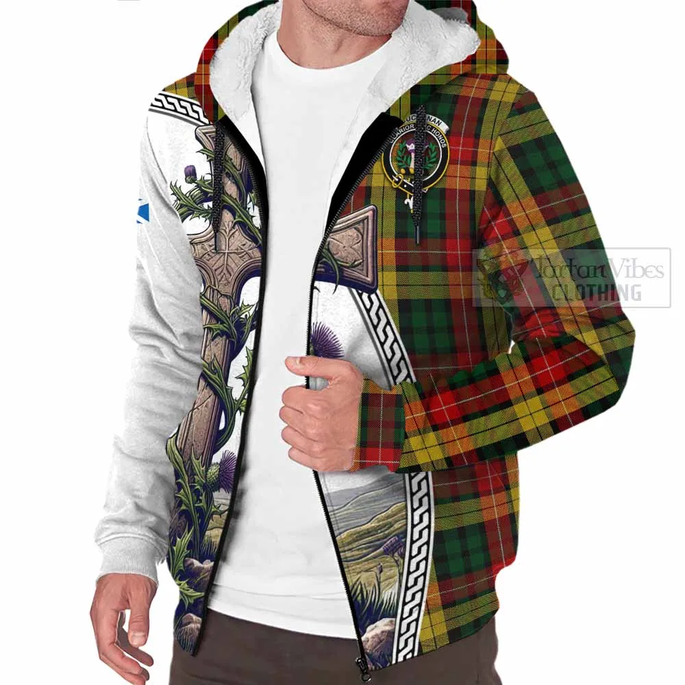 Buchanan Tartan Sherpa Hoodie with Family Crest and St. Andrew's Cross Accented by Thistle Vines