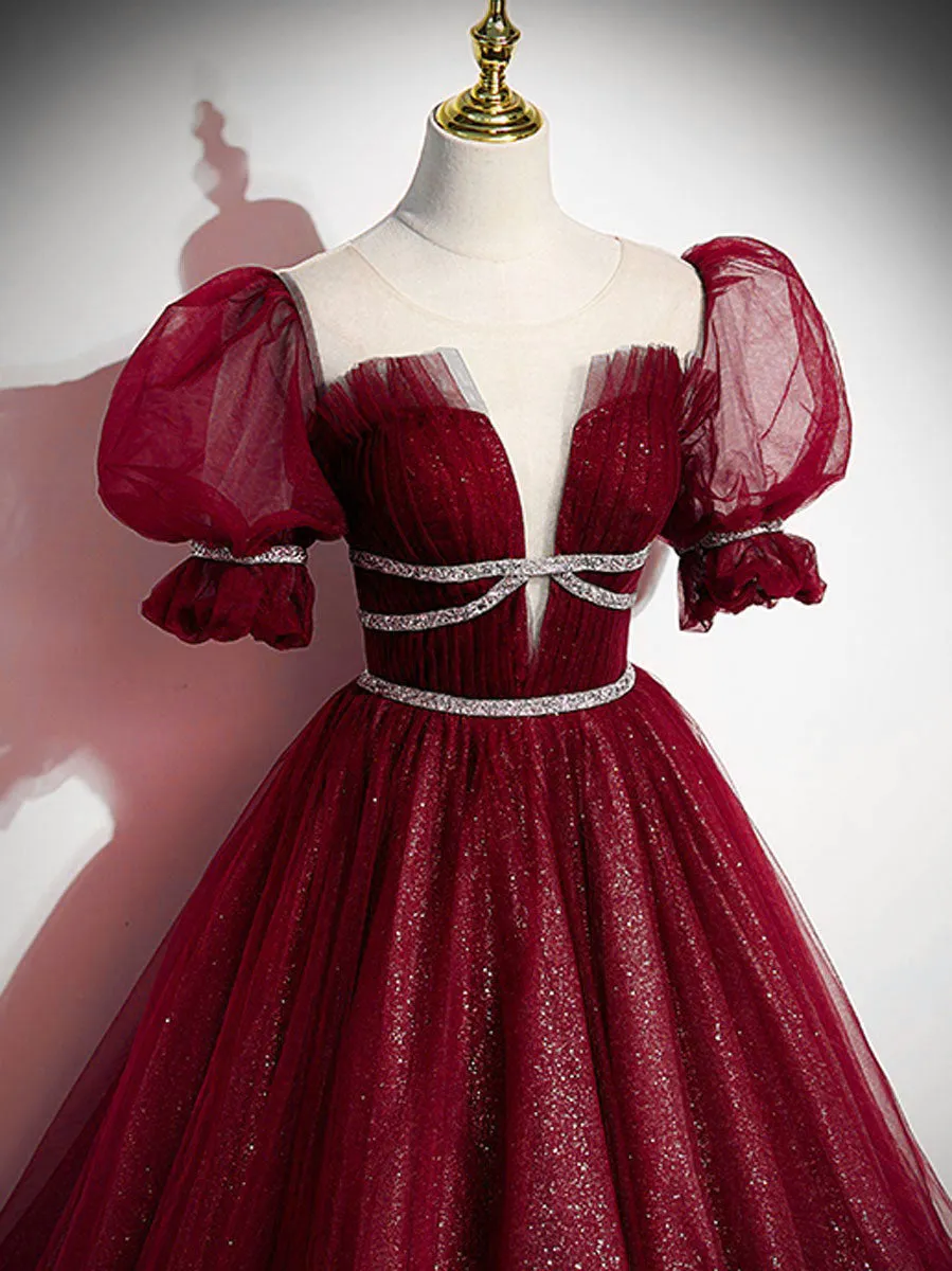 Burgundy Tulle Sequin Long Prom Dress, Burgundy Formal Evening Dresses