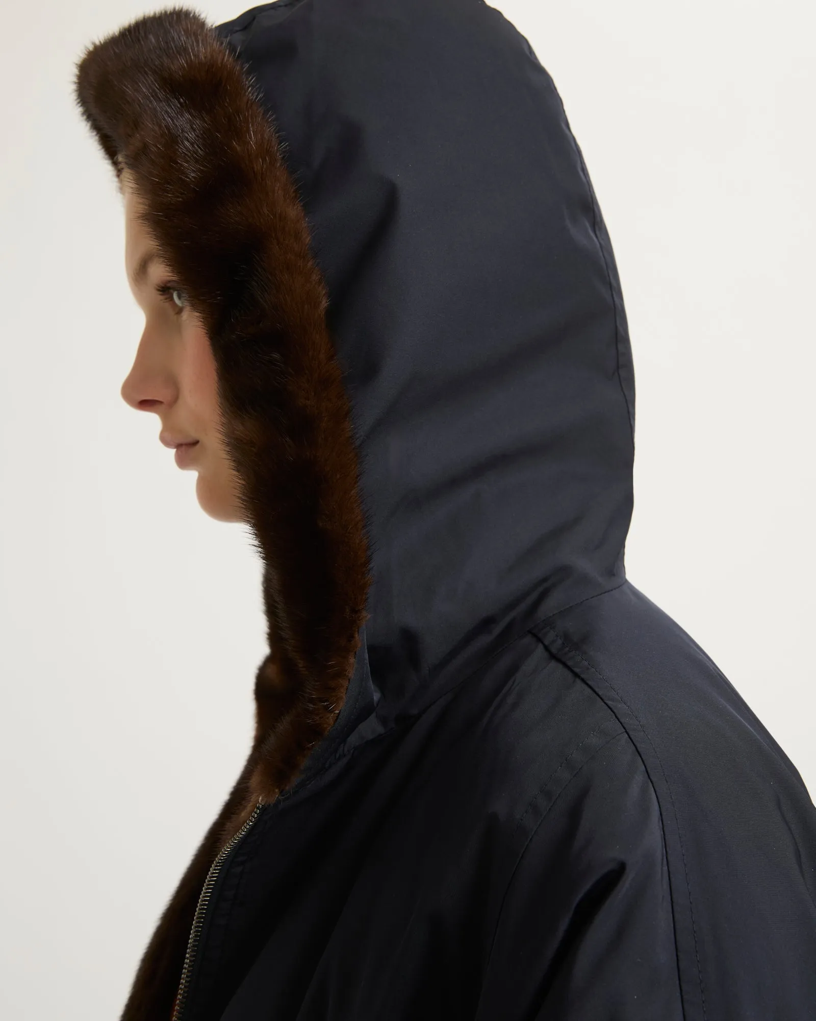 Cape jacket in technical fabric and long-haired mink fur