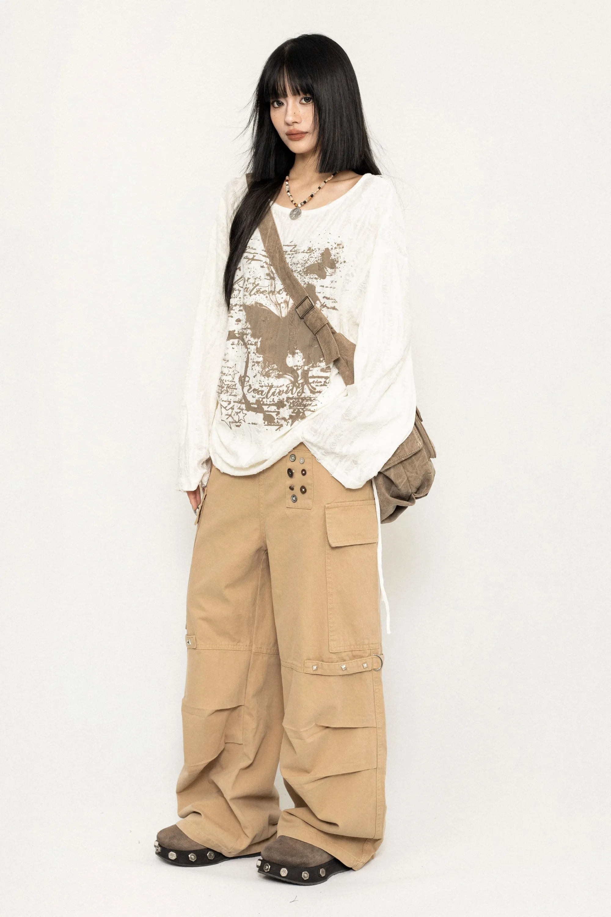 Casual Button Wide-Leg Cargo Pants