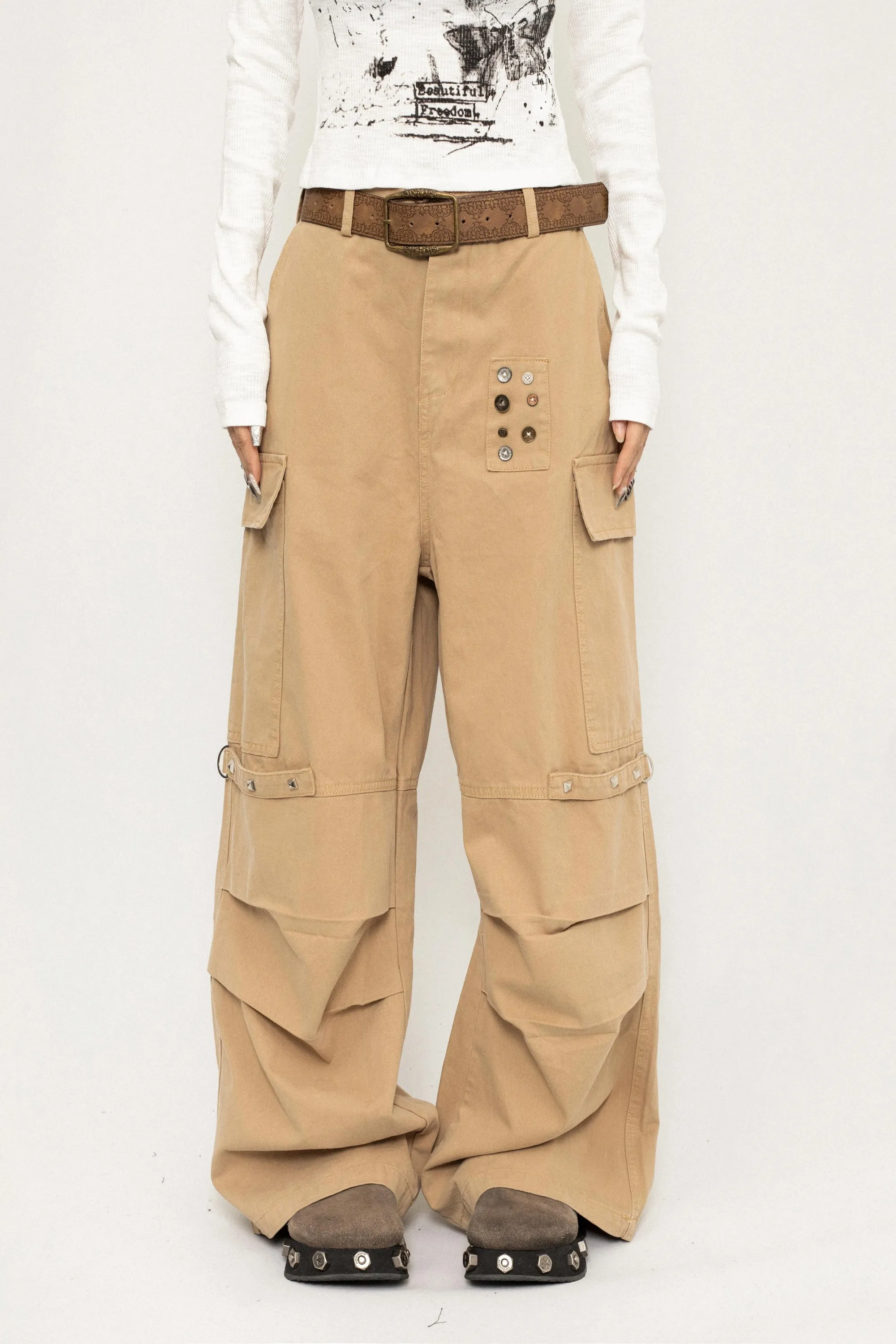 Casual Button Wide-Leg Cargo Pants