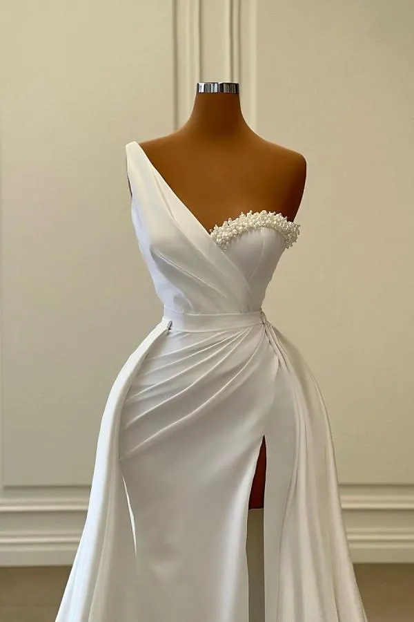 Charming White Long Mermaid One Shoulder Satin Beading Formal Prom Dresses