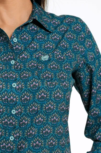 Cinch Women's ArenaFlex Teal Paisley Button Long Sleeve Western Shirt MSW9163017