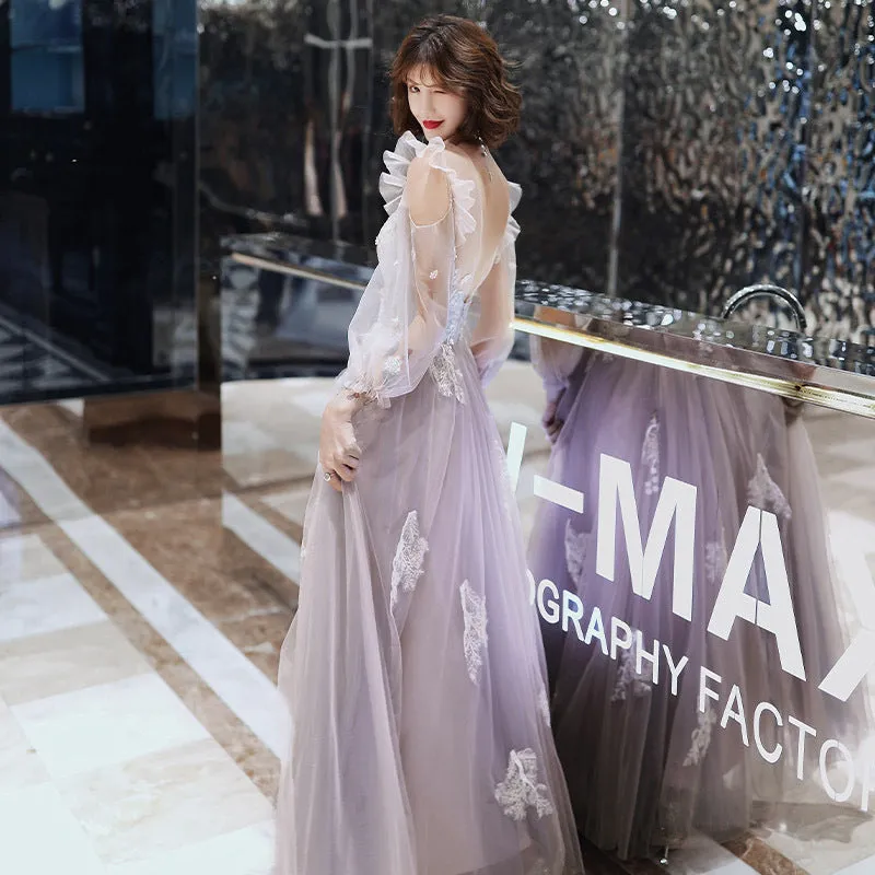 Cute Long Sleeves Lace Prom Dress Fairy Tulle Formal Evening Dress 175