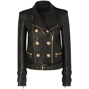 Designer Women's Lion Button Leather Biker Jacket