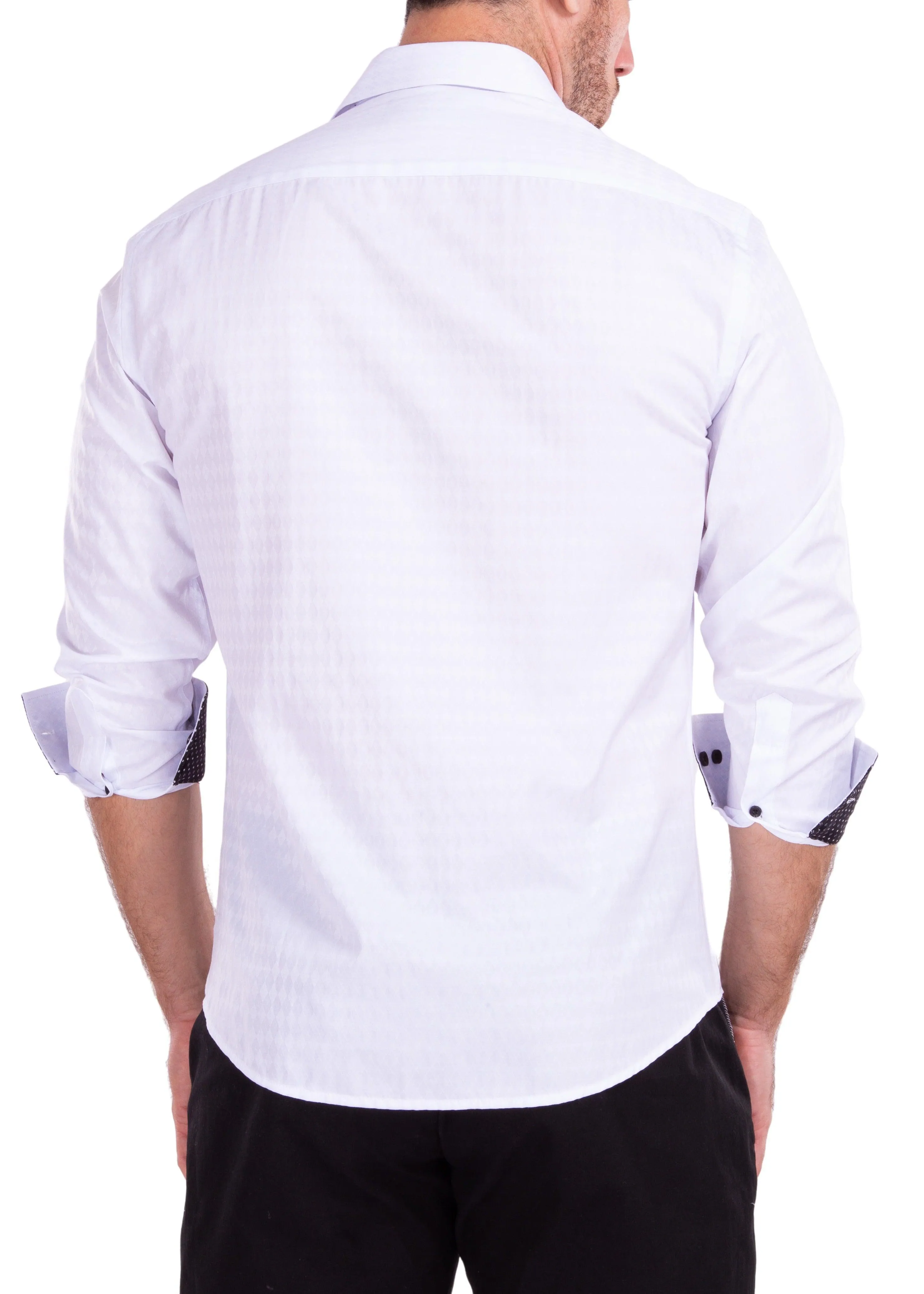 Diamond Texture Solid White Button Up Long Sleeve Dress Shirt