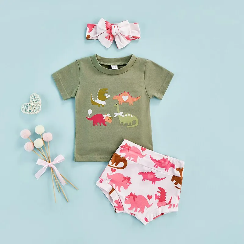 Dinosaur Print 3pcs Baby Girls Clothes Sets 0-24M