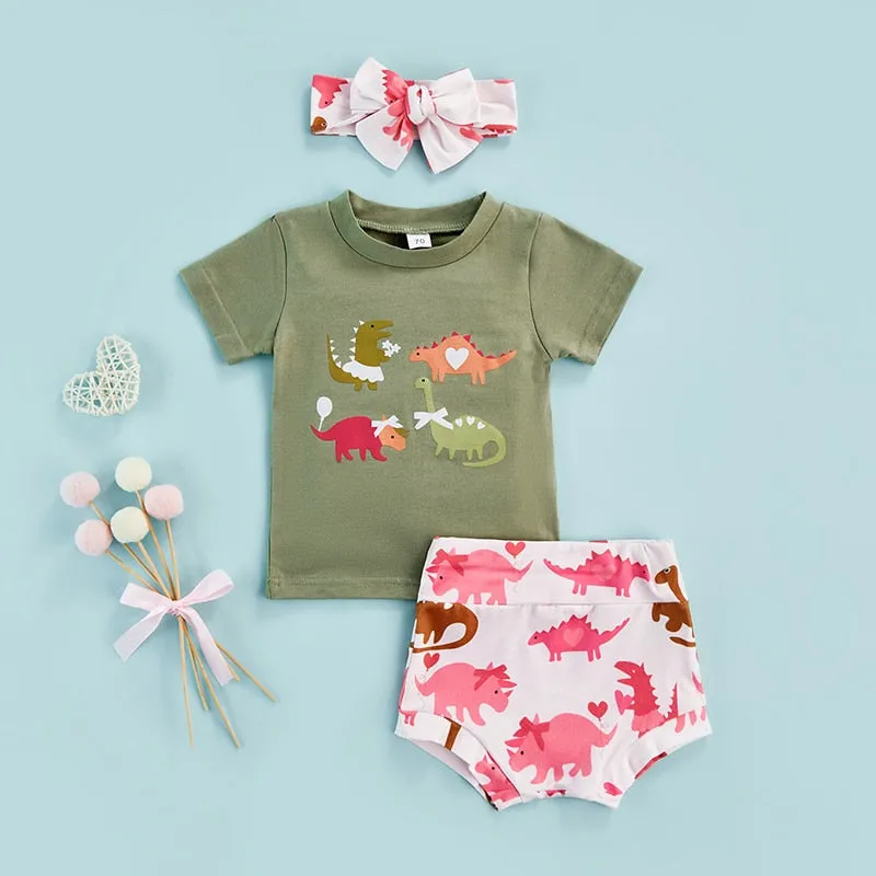 Dinosaur Print 3pcs Baby Girls Clothes Sets 0-24M