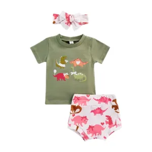 Dinosaur Print 3pcs Baby Girls Clothes Sets 0-24M