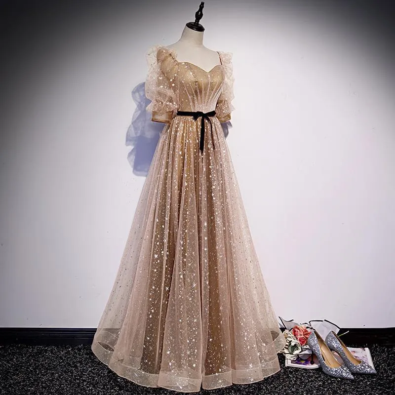 Elegant Gold Evening Formal Dress Mid Sleeves  Sparkly Long Prom Dress 204