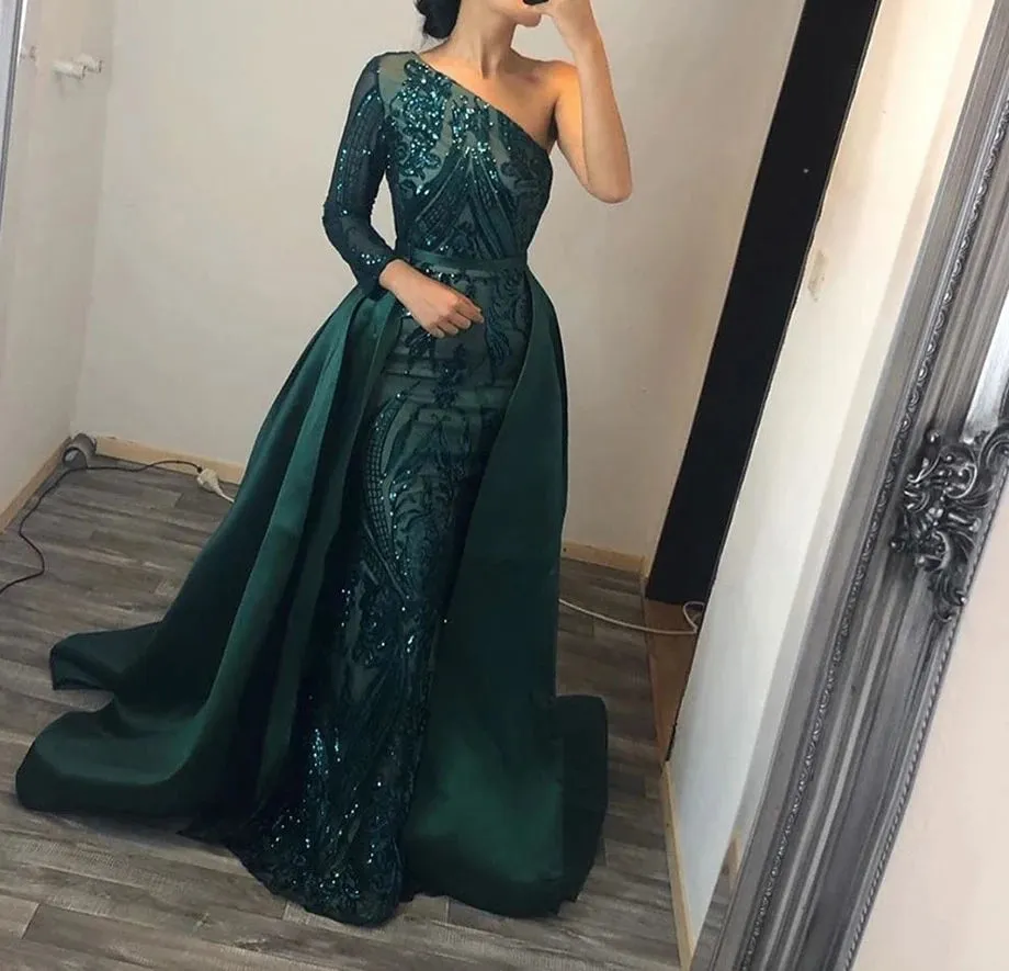 Elegant One Shoulder Evening Gown with Detachable Skirt