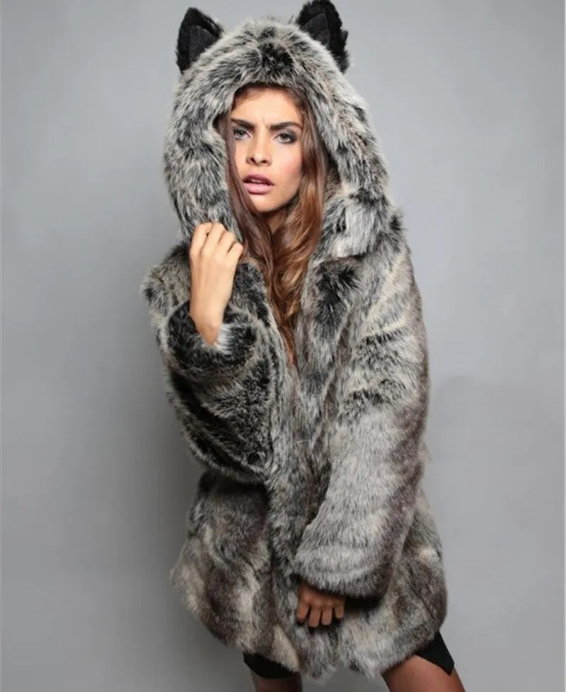 Faux Fur Coat Ears Hooded Plush Jacket