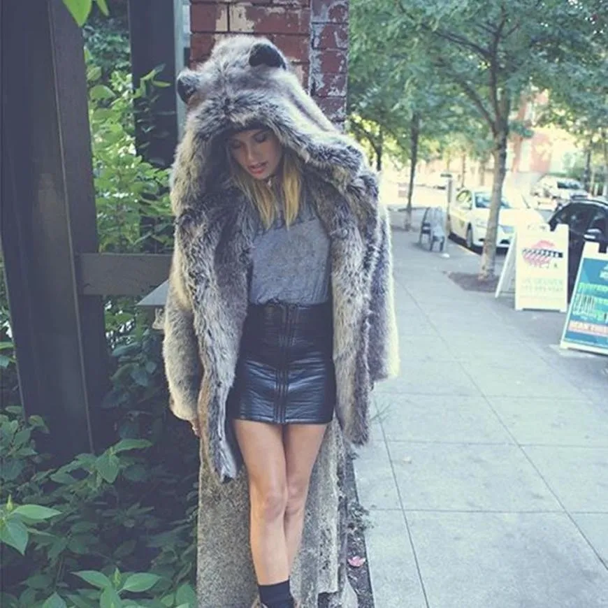 Faux Fur Coat Ears Hooded Plush Jacket