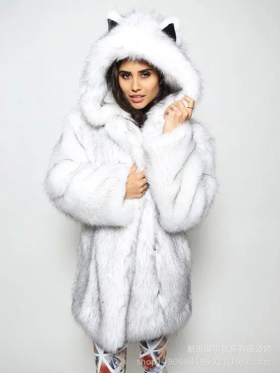 Faux Fur Coat Ears Hooded Plush Jacket