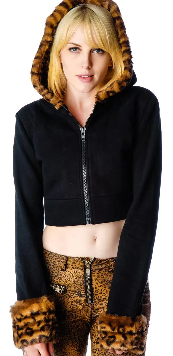 Feline Faux Fur Cropped Hooded Jacket