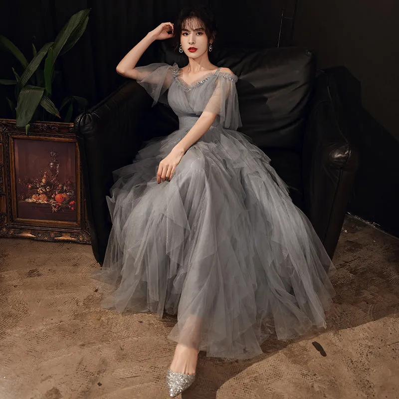 Gray Tulle Long Prom Dress A Line Evening Formal Gown 302