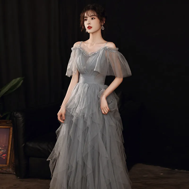 Gray Tulle Long Prom Dress A Line Evening Formal Gown 302