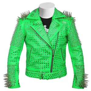 Green Studded Steam Punk Leather Biker Jacket